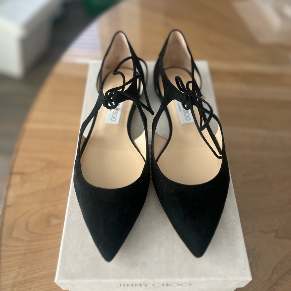 BNIB Jimmy Choo Vanessa Black Suede Flats with Ankle Tie - Picture 2 of 6